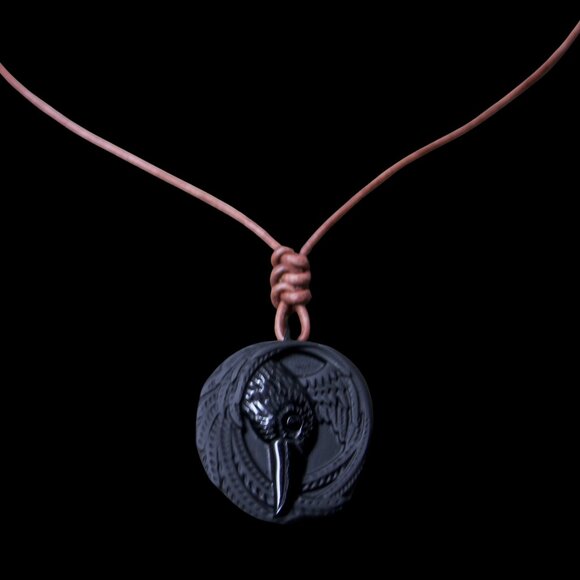 Obsidian Viking Raven Necklace with Genuine Hand Knotted Soft Brown Leather Cord - Picture 1 of 10
